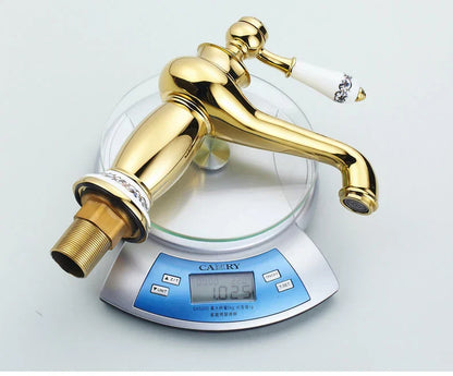 Decorbites antique bronze single handle bathroom faucet with gold brass finish and white ceramic handle real shot details