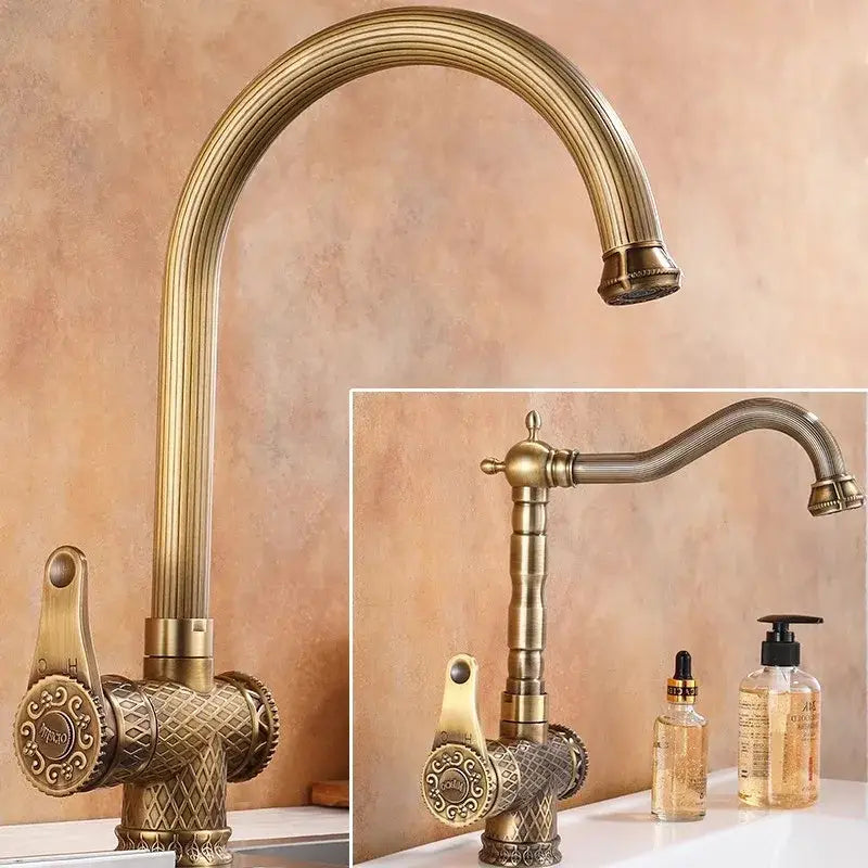 Decorbites antique bronze bathroom sink faucet with antique brass finish and ornate diamond patterned base and handle
