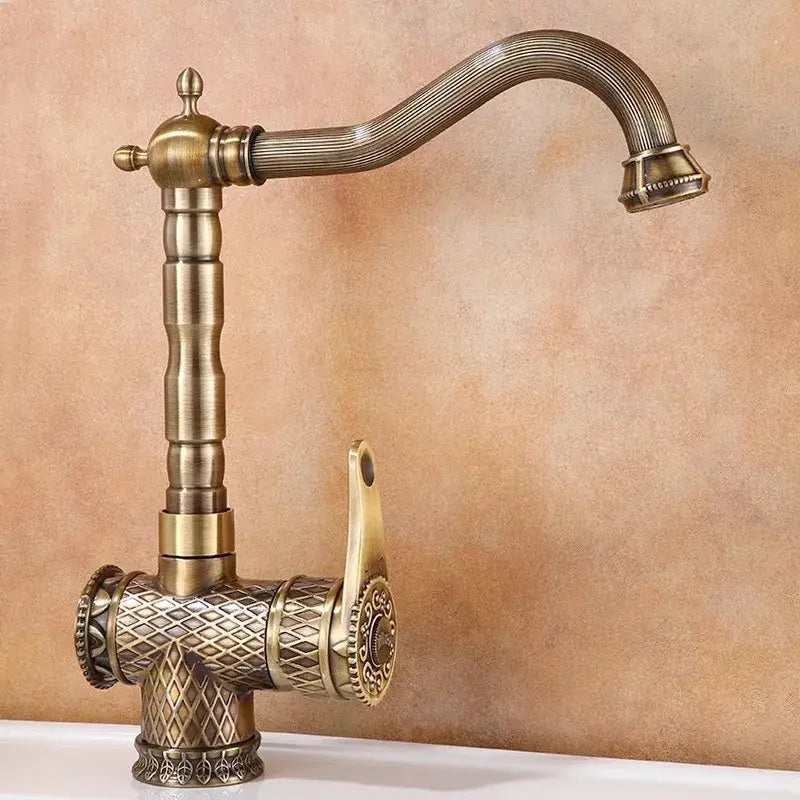 DecorBites antique bronze bathroom sink faucet with antique brass vintage-style ornate diamond-patterned spout and base