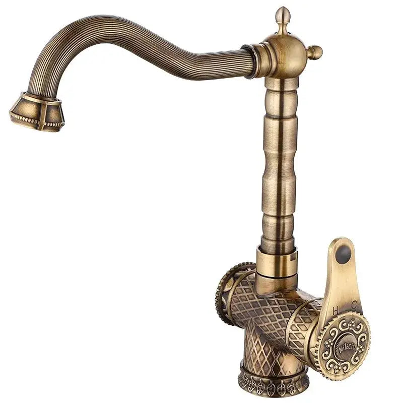 Decorbites antique bronze bathroom sink faucet with ornate ribbed spout and diamond patterned base in antique bronze finish