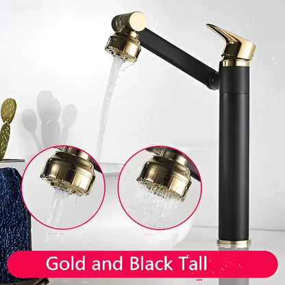Decorbites antique bronze bathroom sink faucet with tall gold and black design and polished brass accents for deck mounting