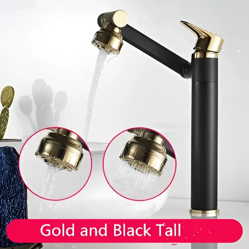 Decorbites antique bronze bathroom sink faucet with tall gold and black design and polished brass accents for deck mounting