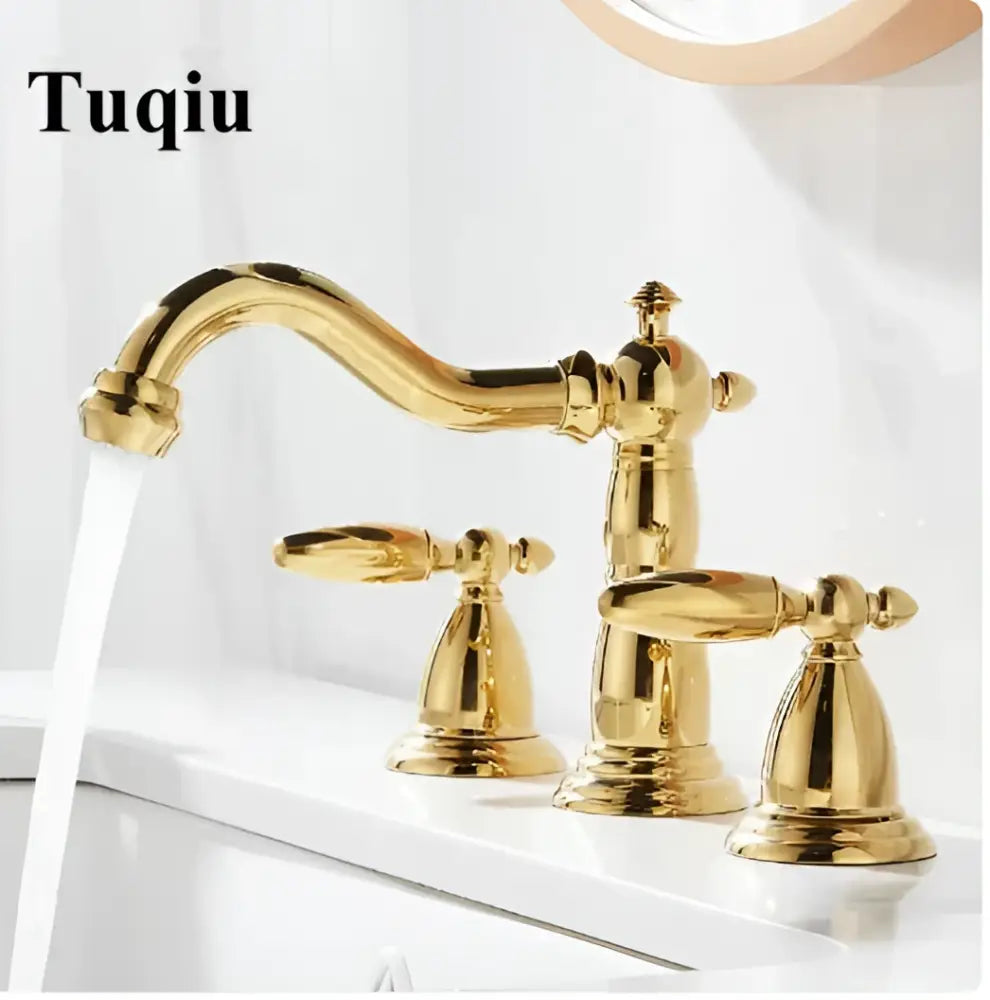 Decorbites™ antique bronze bathroom sink faucet gold-colored ornate mixer with curved spout and dual handles