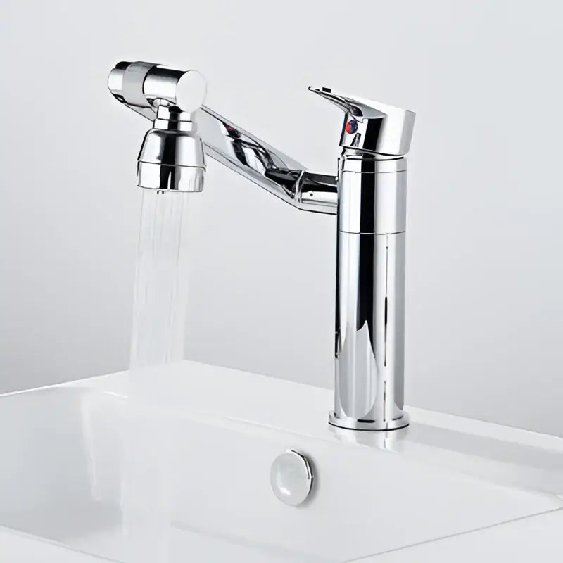 Chrome-finished modern kitchen faucet with curved spout and pull-down spray head paired with DecorBites™ antique bronze bathroom sink faucet deck mounted mixer