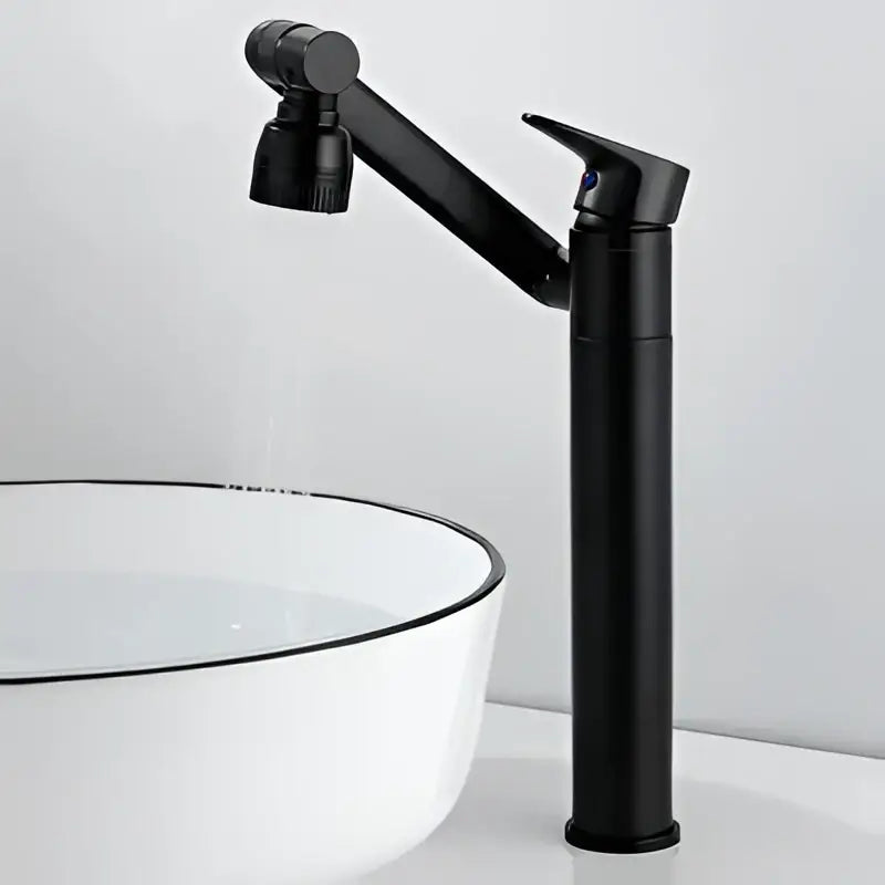 Decorbites antique bronze bathroom sink faucet with black matte finish and sleek articulated spout deck mounted