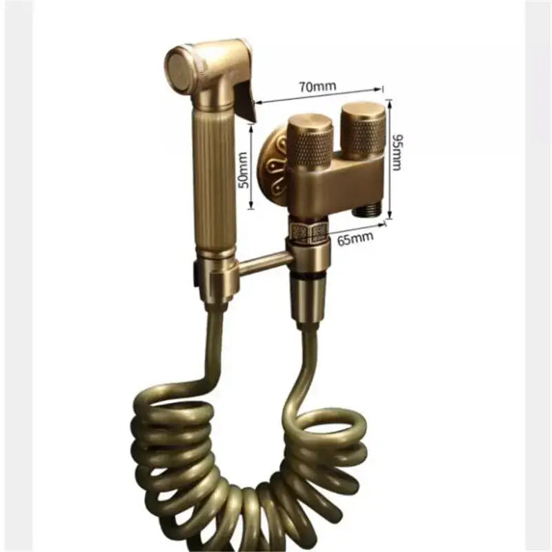 Brass-colored DecorBites™ antique bronze bidet sprayer set with coiled hose and dual control knobs for high pressure use
