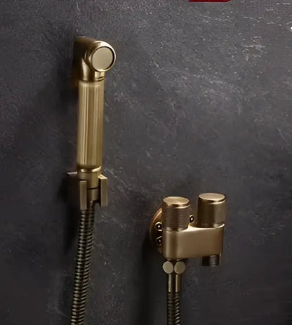 DecorBites™ antique bronze bidet sprayer set with brass-finished wall-mounted sprayer and dual-handle faucet assembly