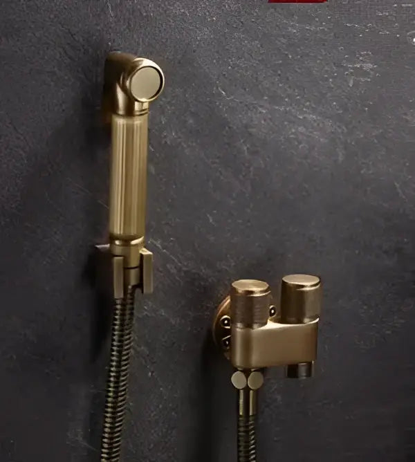 DecorBites™ antique bronze bidet sprayer set with brass-finished wall-mounted sprayer and dual-handle faucet assembly