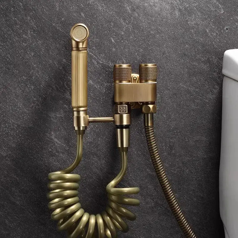 Decorbites™ antique bronze bidet sprayer set with brass-finished wall-mounted faucet and coiled hose for high pressure use