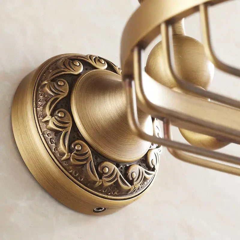 DecorBites™ antique bronze brass soap dish basket with ornate scrollwork and circular base for bathroom accessories