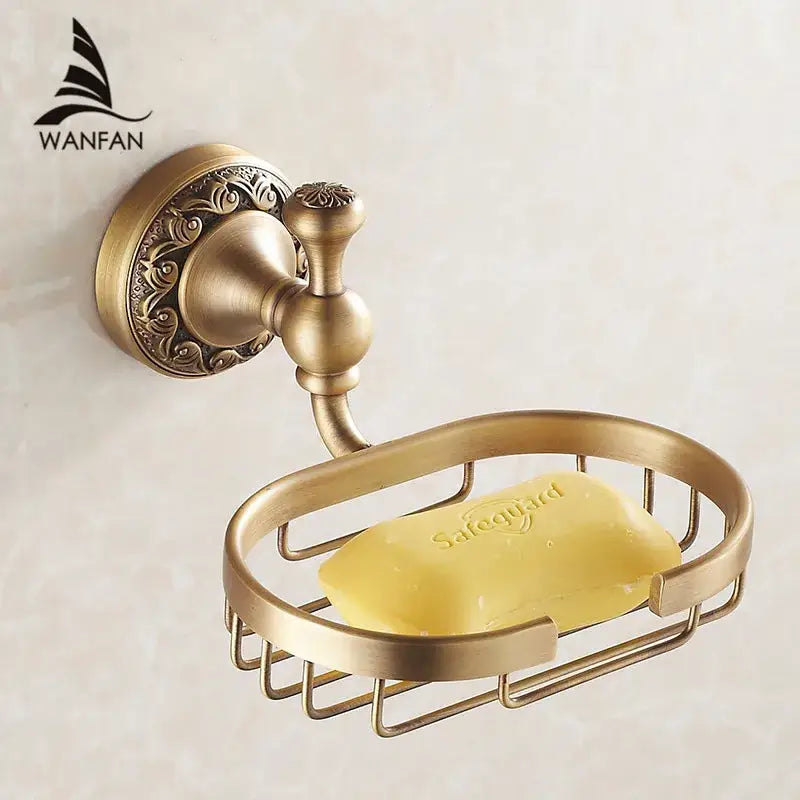 Decorbites antique bronze brass soap dish basket wall-mounted with ornate scrollwork holding yellow safeguard soap
