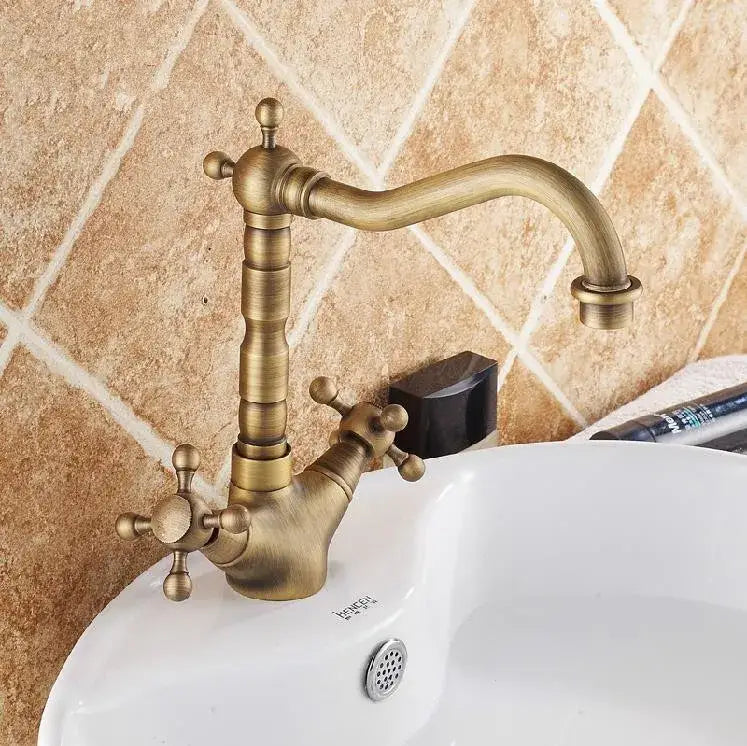 Decorbites antique bronze brass swivel basin faucet with curved spout and two lever handles in antique bronze finish
