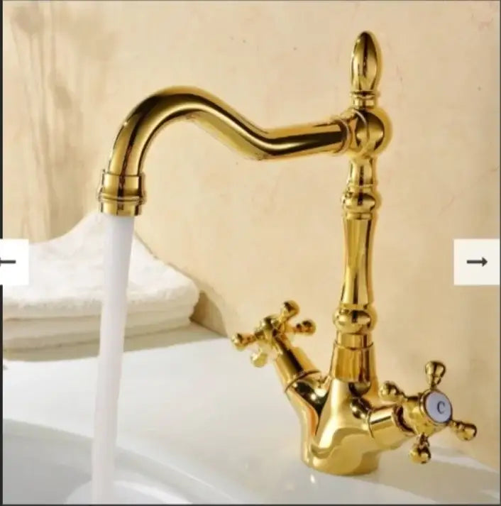 DecorBites™ antique bronze brass basin faucet with gold finish ornate detailing and two lever handles for swivel use