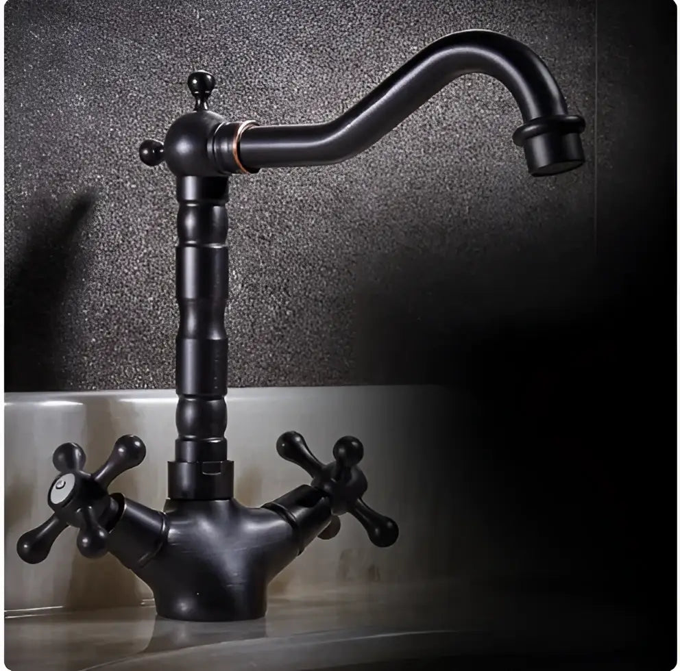DecorBites antique bronze brass swivel basin faucet with black matte finish cross handles and curved spout