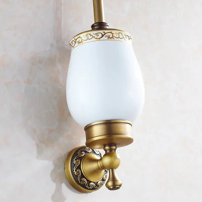DecorBites antique bronze brass toilet brush holder with frosted white glass and ornate gold detailing for bathroom use