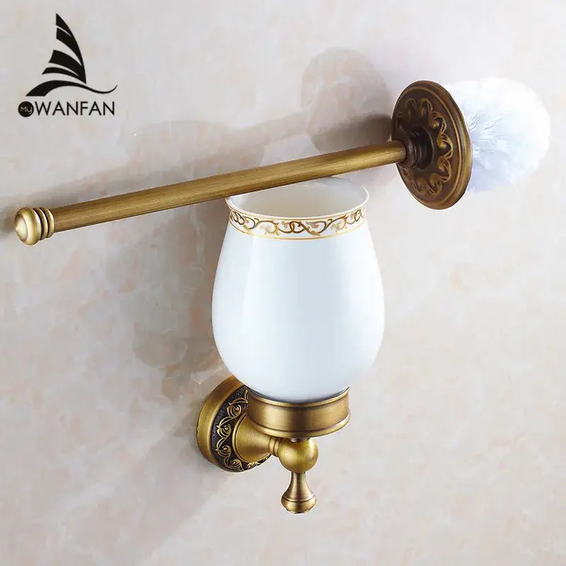 DecorBites antique bronze brass toilet brush holder with white ceramic cup and gold trim for bathroom accessories
