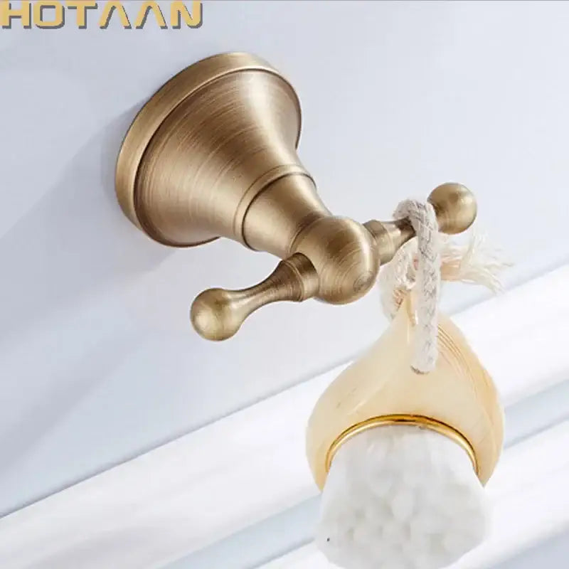 DecorBites antique bronze brass double towel rack with decorative rope and white ceramic soap dish wall hooks