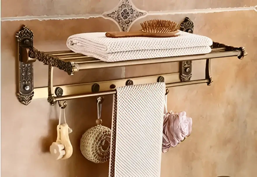 Decorbites antique bronze carved aluminum bathroom towel rack with ornate scrollwork and decorative tile centerpiece
