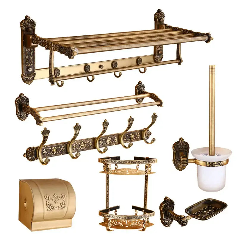DecorBites antique bronze carved aluminum bathroom accessories set with ornate vintage towel rack paper holder hooks