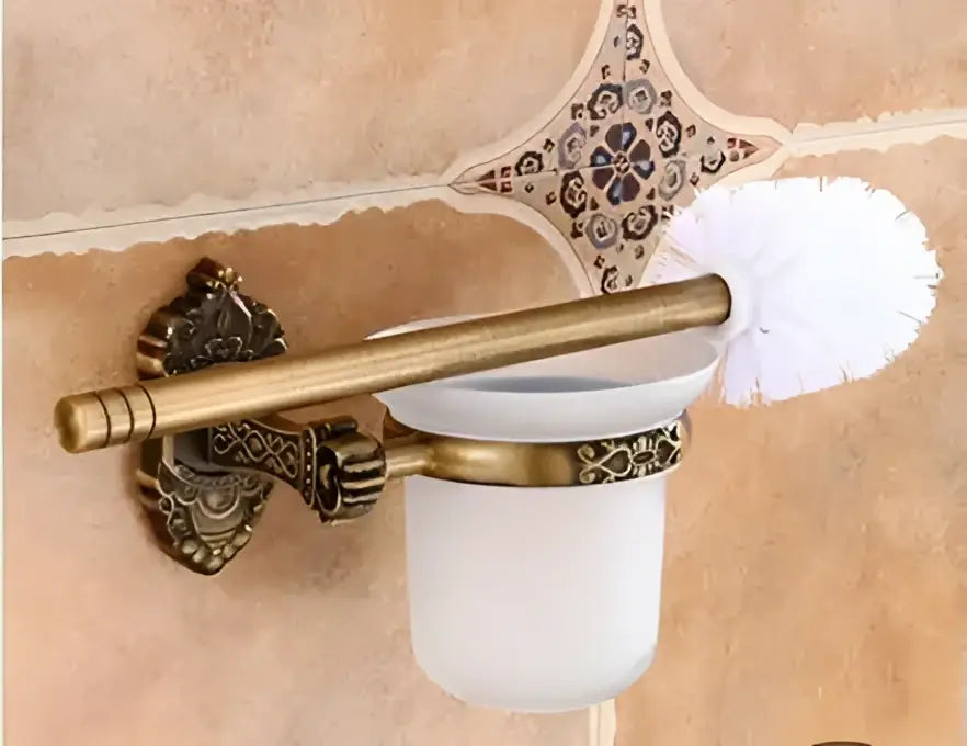 Antique bronze carved aluminum wall-mounted toilet brush holder with frosted ceramic cup and ornate bracket