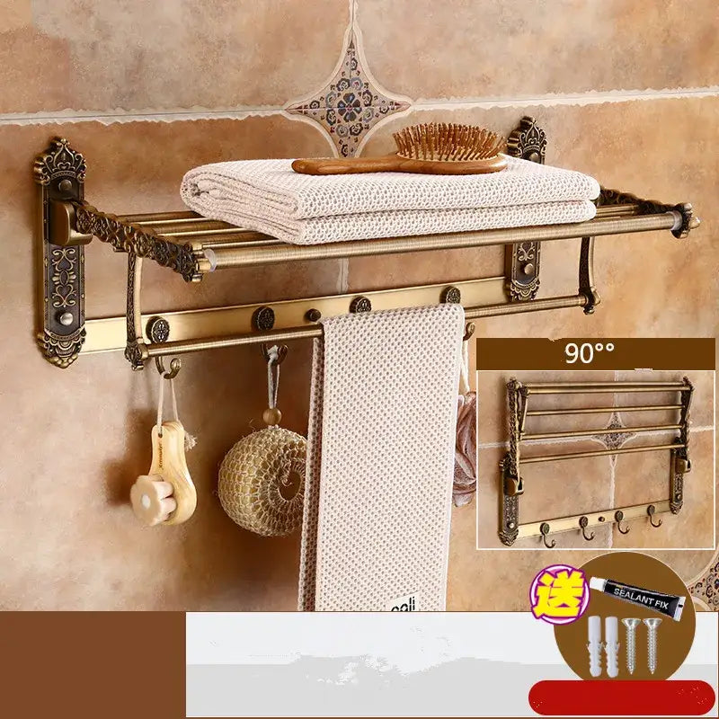 Decorbites antique bronze carved aluminum bathroom towel rack with ornate scrollwork and multiple tiers for towels