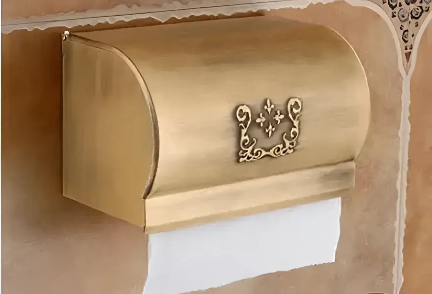 Brass toilet paper holder with ornate floral design and curved lid from decorbites antique bronze carved aluminum bathroom set