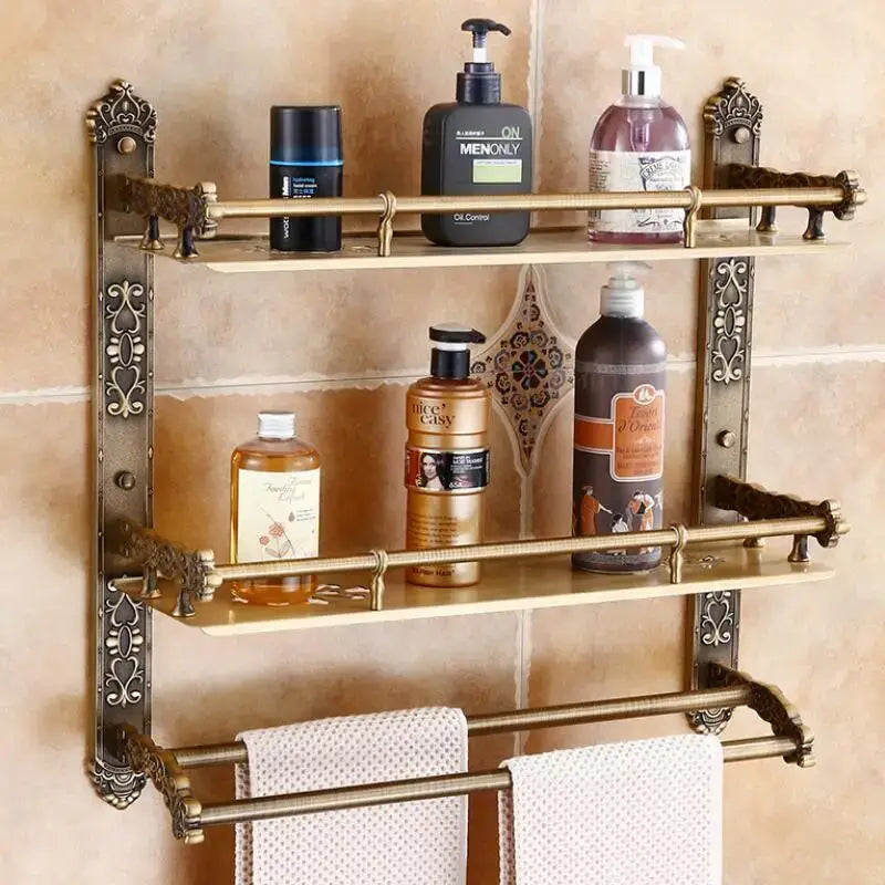 Decorbites antique bronze carved two-tier wall-mounted shelf with towel rack in bronze carved aluminum bathroom set