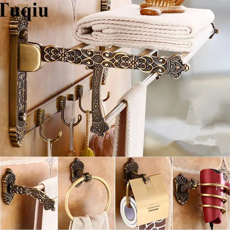 Antique bronze carved aluminum bathroom accessories set with towel rack, hooks, towel ring, and paper holder in brass finish