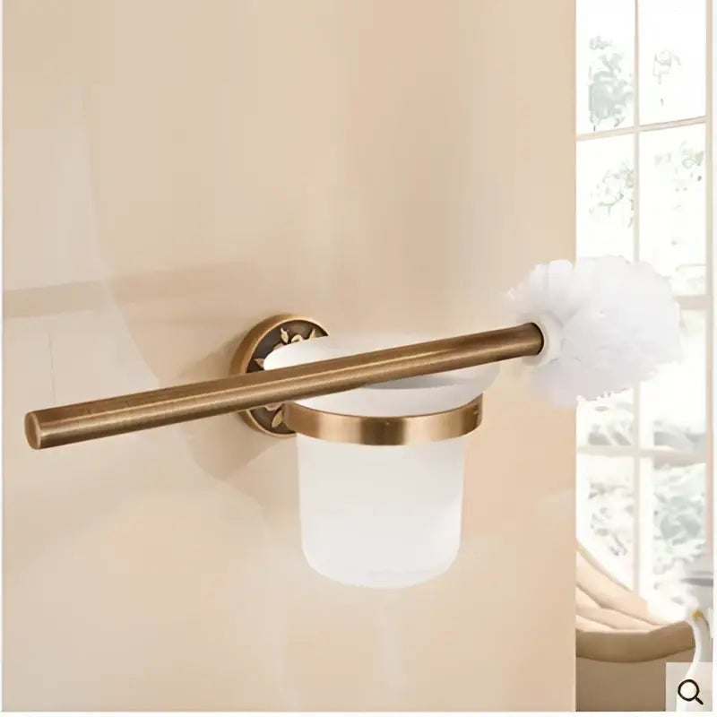 Decorbites antique bronze carved toilet brush holder with frosted glass cup and white bristles in bathroom accessories set