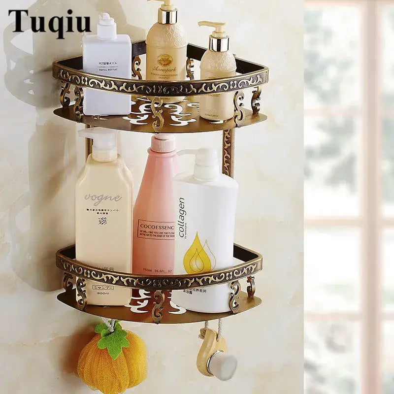 Brass-colored ornate two-tier wall-mounted shower caddy from decorbites™ antique bronze carved bathroom accessories set