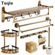 DecorBites antique bronze carved bathroom accessories set with brass finish and ornate floral detailing on brackets and fixtures
