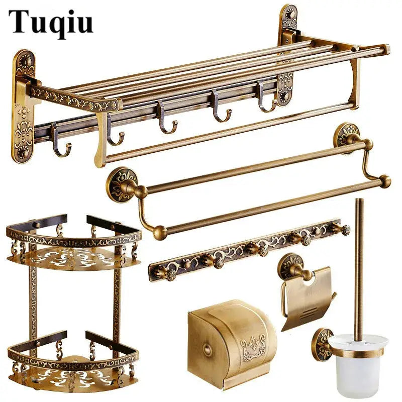 DecorBites antique bronze carved bathroom accessories set with brass finish and ornate floral detailing on brackets and fixtures