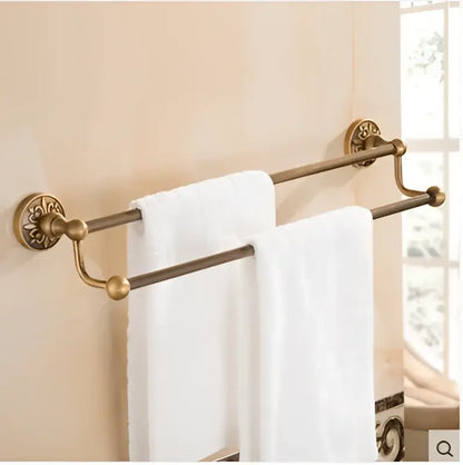 Decorbites antique bronze carved double towel rack with ornate floral brass ends from bathroom accessories set