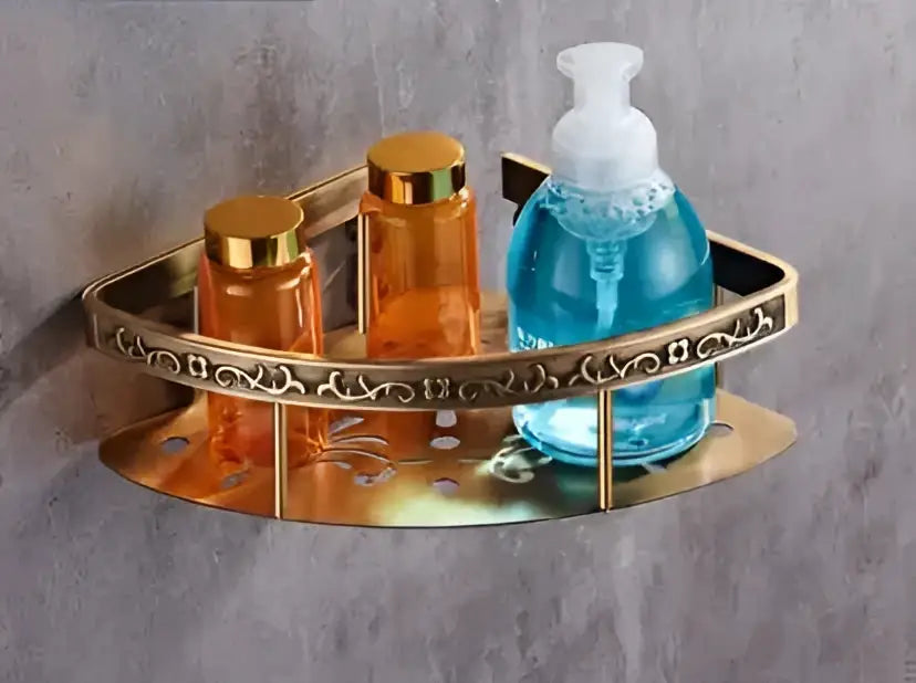 Decorbites antique bronze carved bathroom accessories set gold-toned triangular shelf with amber bottles and soap dispenser