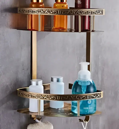 Decorbites™ antique bronze carved bathroom accessories set featuring a gold-toned ornate double-tier shelf with scrollwork edges