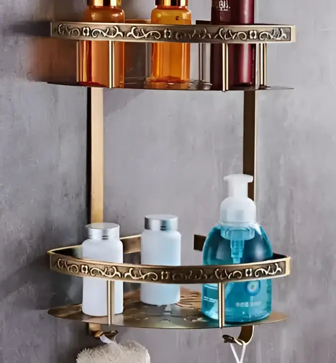 Decorbites™ antique bronze carved bathroom accessories set featuring a gold-toned ornate double-tier shelf with scrollwork edges