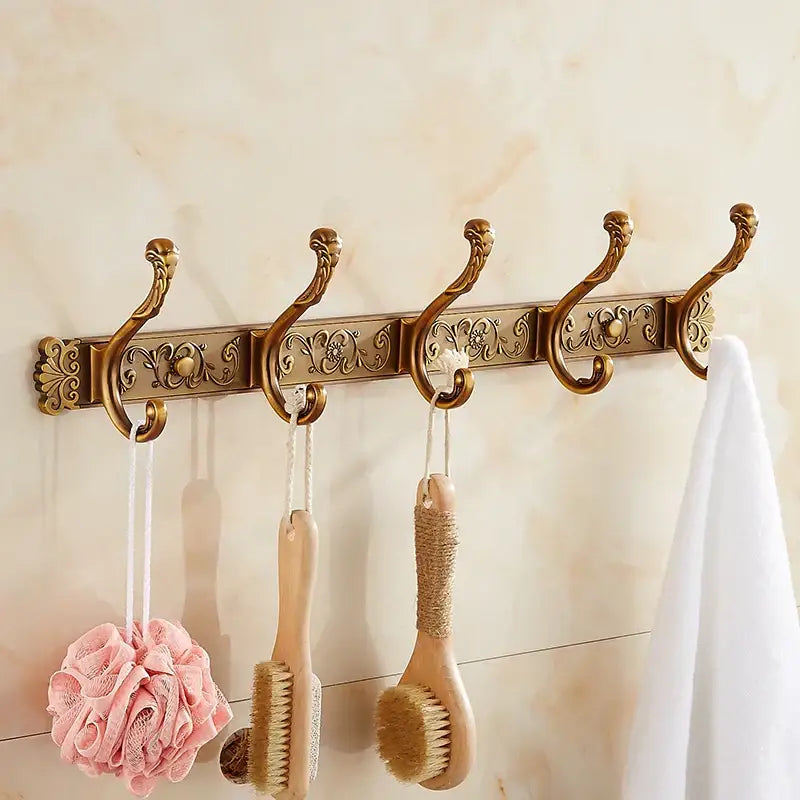 Decorbites antique bronze carved robe hook with ornate scrollwork and four curved hooks for bathroom and kitchen