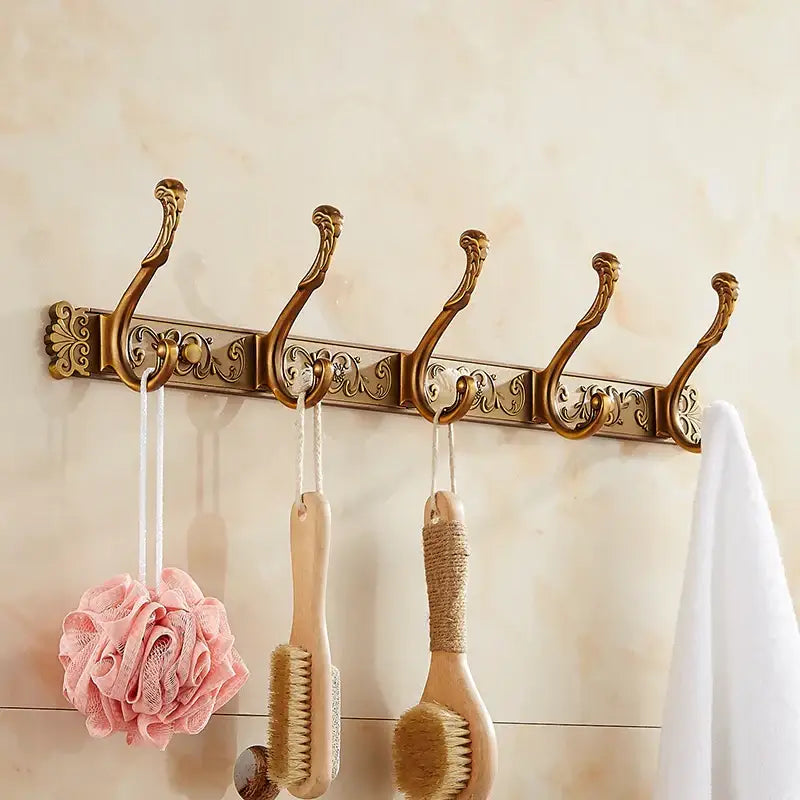 DecorBites antique bronze carved robe hook rack with five ornate brass hooks for bathroom and kitchen use