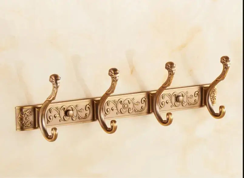 DecorBites™ antique bronze carved robe hook with ornate floral engraving and four curved hooks for bathroom and kitchen