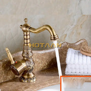 DecorBites antique bronze kitchen basin faucet with ornate floral engravings and curved spout for hot cold water mixing