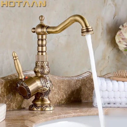 Decorbites™ antique bronze kitchen basin faucet with brass finish ornate floral scrollwork and separate hot cold handles