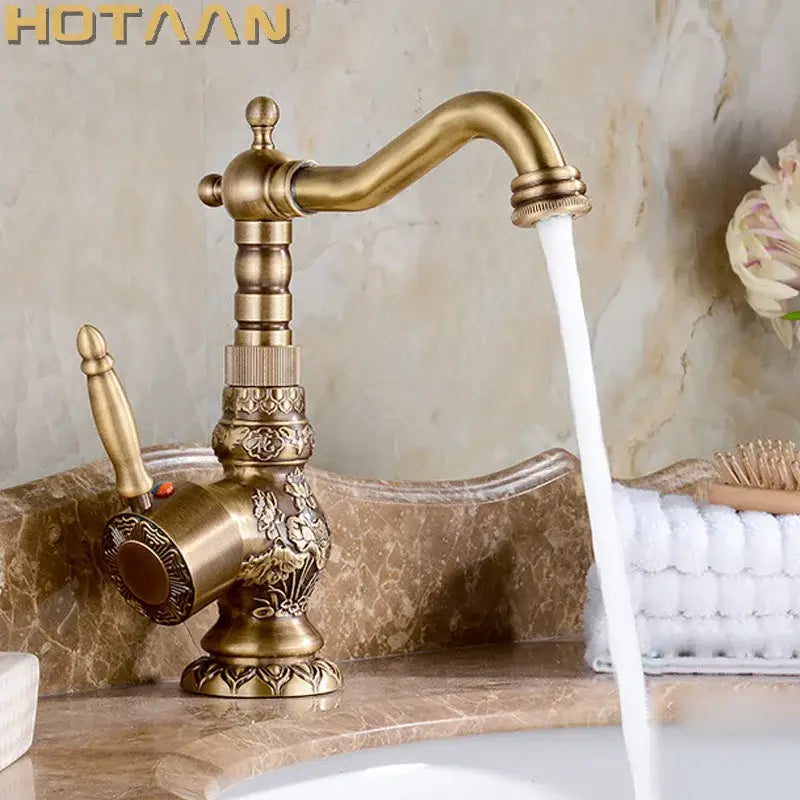 Decorbites™ antique bronze kitchen basin faucet with brass finish ornate floral scrollwork and separate hot cold handles