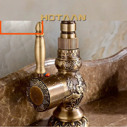 Decorbites antique bronze kitchen basin faucet with intricate floral bronze carving and decorative knob handle