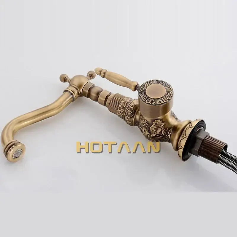 DecorBites™ antique bronze kitchen basin faucet with brass finish and ornate floral scrollwork two-handle design