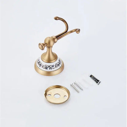 DecorBites™ antique bronze ceramic double towel rack with white ceramic base and black floral patterns wall mounted bathroom accessory