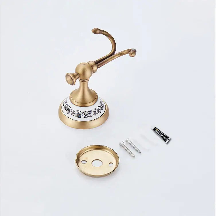 DecorBites™ antique bronze ceramic double towel rack with white ceramic base and black floral patterns wall mounted bathroom accessory
