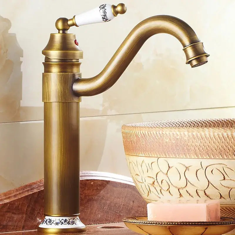 Decorbites™ antique bronze finish single-handle bathroom sink faucet with white ceramic handle and black floral detailing