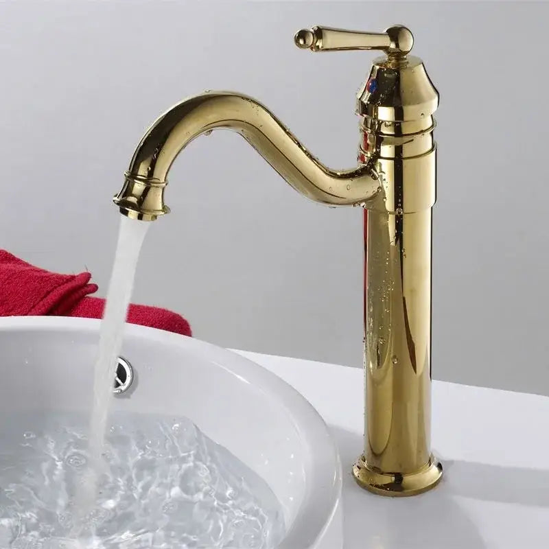 Decorbites antique bronze finish bathroom sink faucet with single handle curved spout mounted on white basin