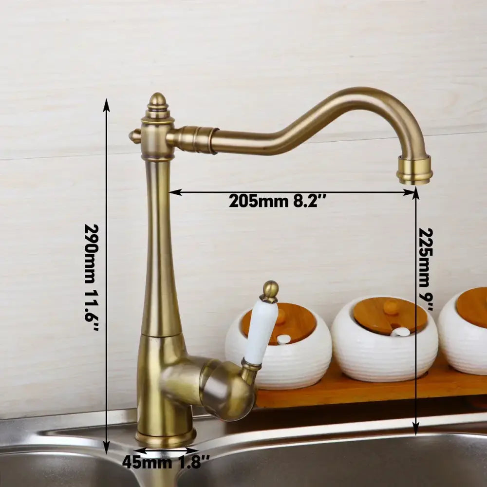 DecorBites™ antique bronze kitchen faucet with curved spout white ceramic handle and 360 rotatable swivel feature