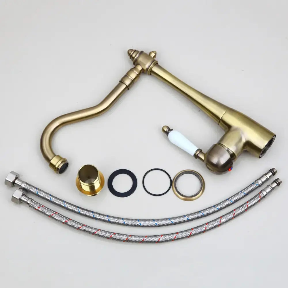 DecorBites™ antique bronze kitchen faucet with curved spout white ceramic handle and flexible braided hoses swivel tap